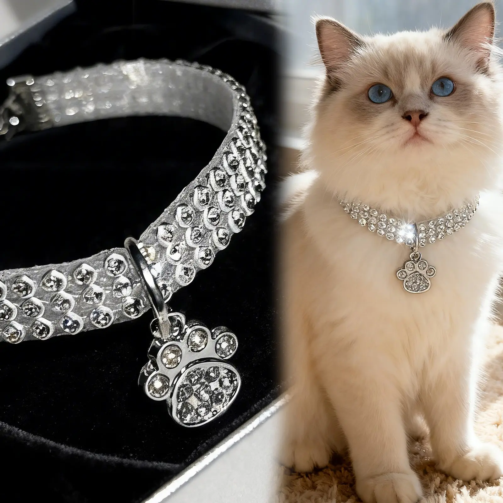 Luxury Pet Necklace with Full Rhinestones, Adjustable Cat Paw Pendant Collar, Shiny Style Pet Accessory, Suitable for Cats and Dogs