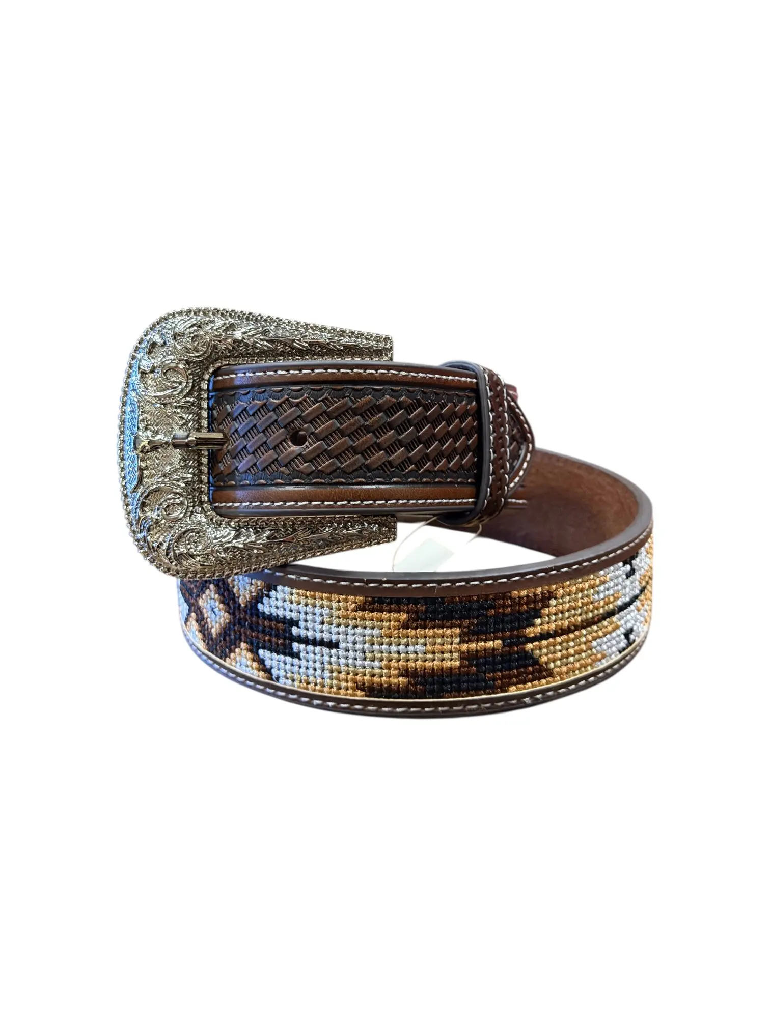 Western Cowboy Leather Belt for Adults, Brown Genuine Leather with Embossed Aztec Pattern and Ornate Buckle, Leather Belts, Belts
