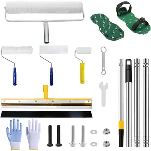 Self-Leveling Tool Kit with Rake, Spiked Roller, Spiked Shoes and 58'' Extension Pole for Epoxy and Concrete Floor Leveling (Yellow Pole)