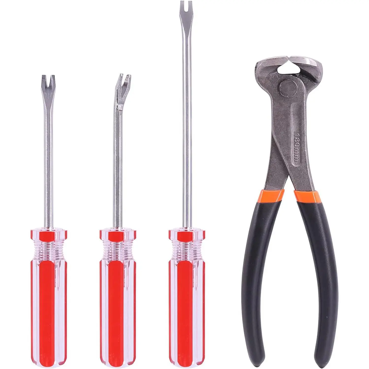 4Pcs Nail Pullers Nail Remover Tool Set, Include 7'' End Cutting Plier, 4'' Bendable U Tip and V Tip Tack Puller, 6'' U Tip Tack Lifter for Cutting nails, Remove Nails, Nail Pulling