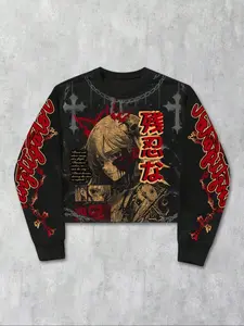 Men's Anime Girl Print Long Sleeve Sweatshirt, Retro Style Loose-Fitting, Perfect Gift for Friends Husband Boyfriend, Fall & Winter