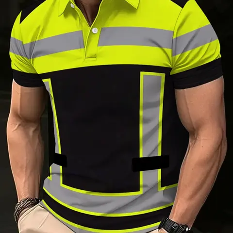 【Black Friday】Men's Short-Sleeve Polo Shirt, Casual 3D-Printed Golf Shirt, Striped Pattern, Sporty Style, Summer Fitted Top, Summer Polos