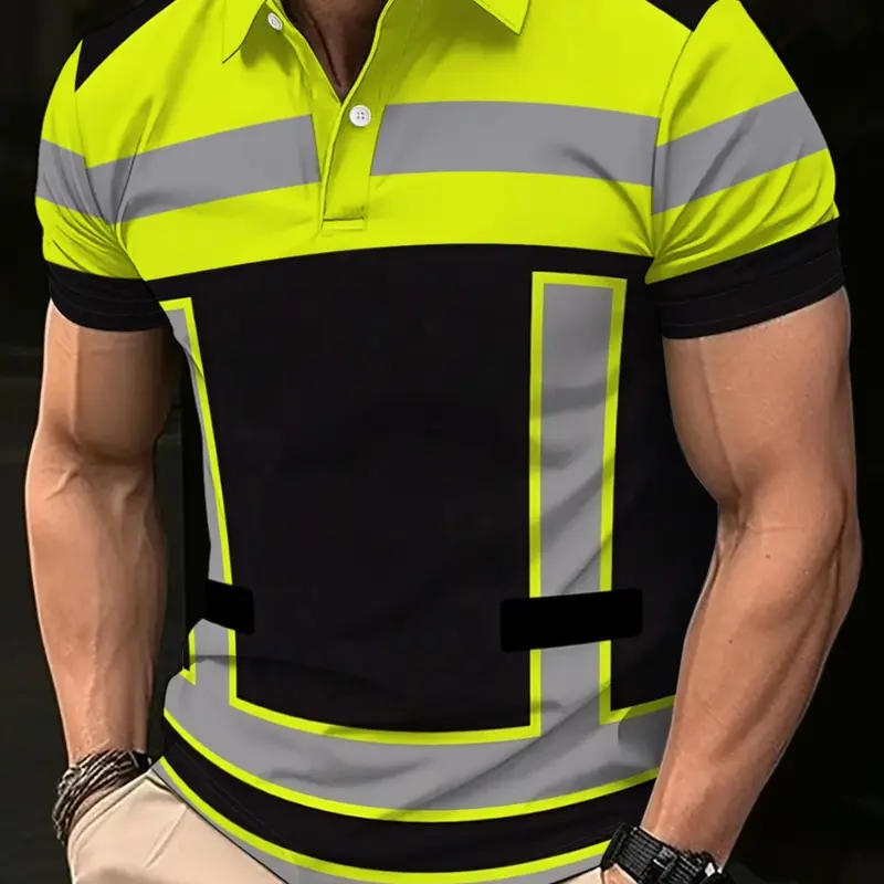 【Black Friday】Men's Short-Sleeve Polo Shirt, Casual 3D-Printed Golf Shirt, Striped Pattern, Sporty Style, Summer Fitted Top, Summer Polos