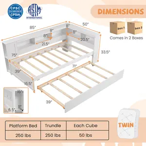 COSTWAY - Twin Size Daybed Platform Bed Frame with Trundle and Bedside Shelves-White