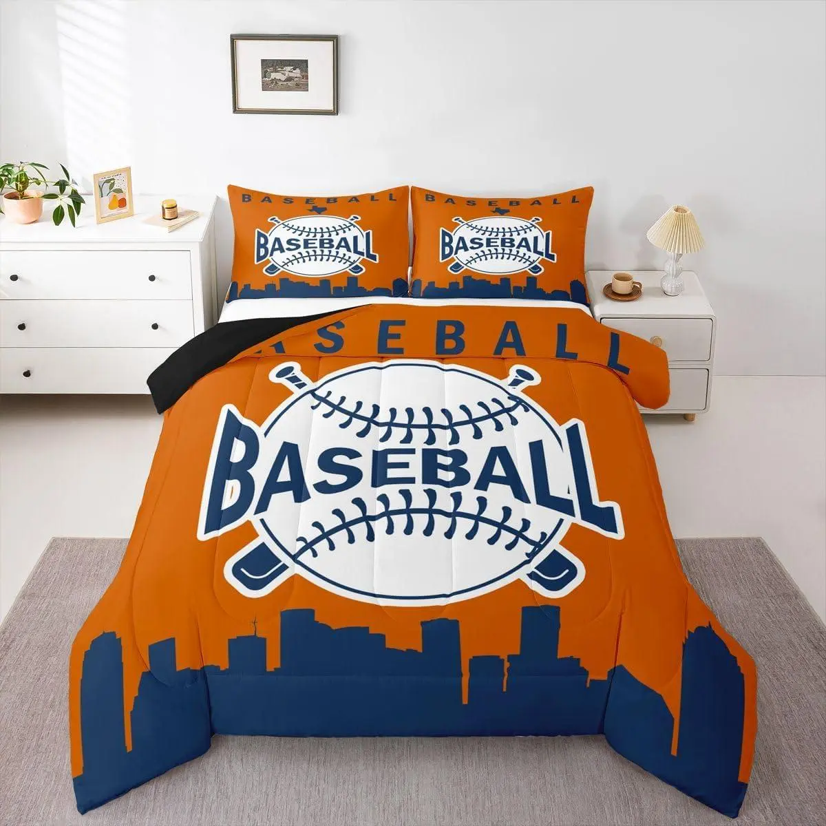 Teens Baseball City Bedding Set,Baseball Comforter Set,American City Silhouette Quilt Sports Games Bedding Comforter Set,with,Orange Navy Blue
