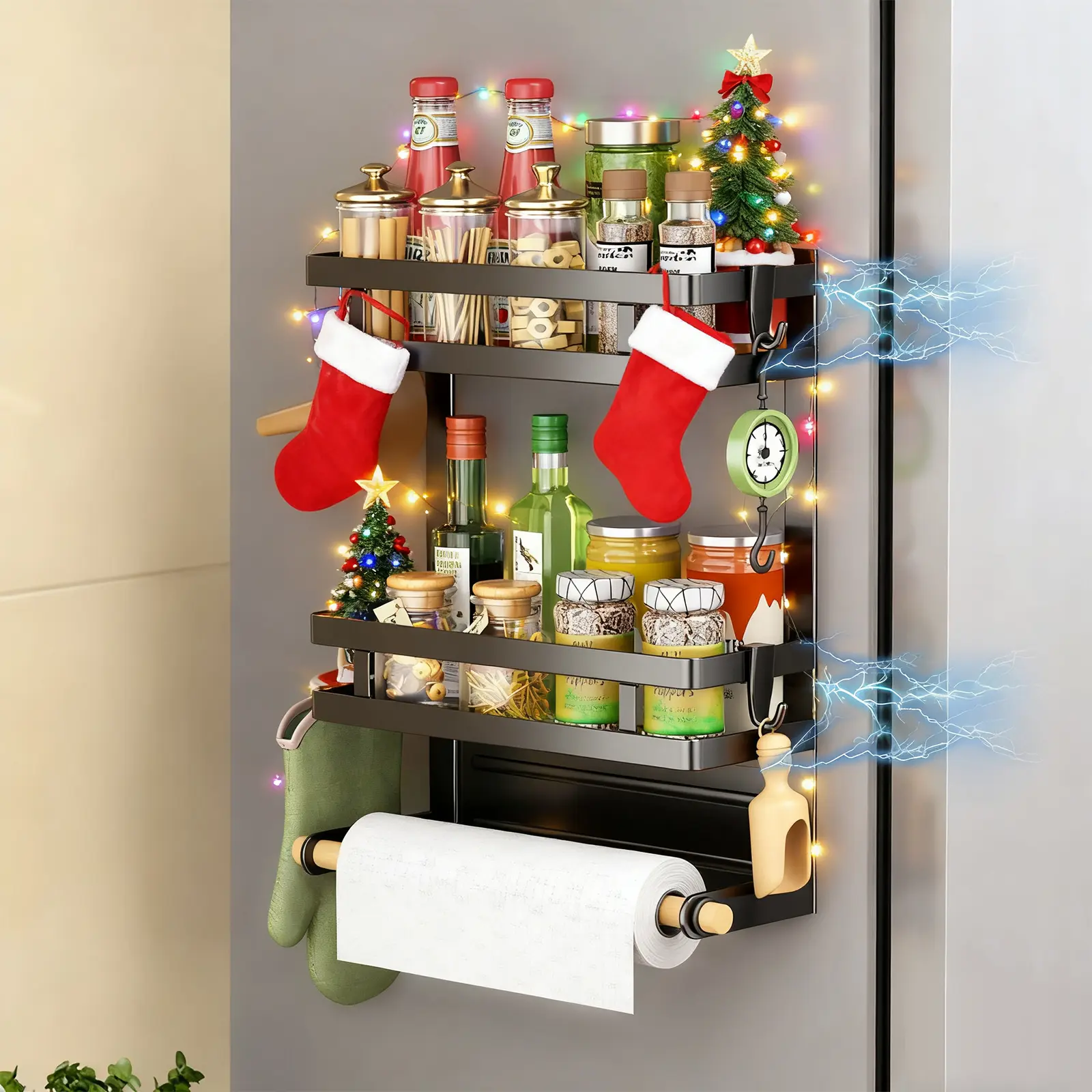 San Dream Strong Metal Magnetic Refrigerator Spice Rack - Moveable Multipurpose Shelf with 4 Hooks for Home Organization Storage, Kitchen Utensils