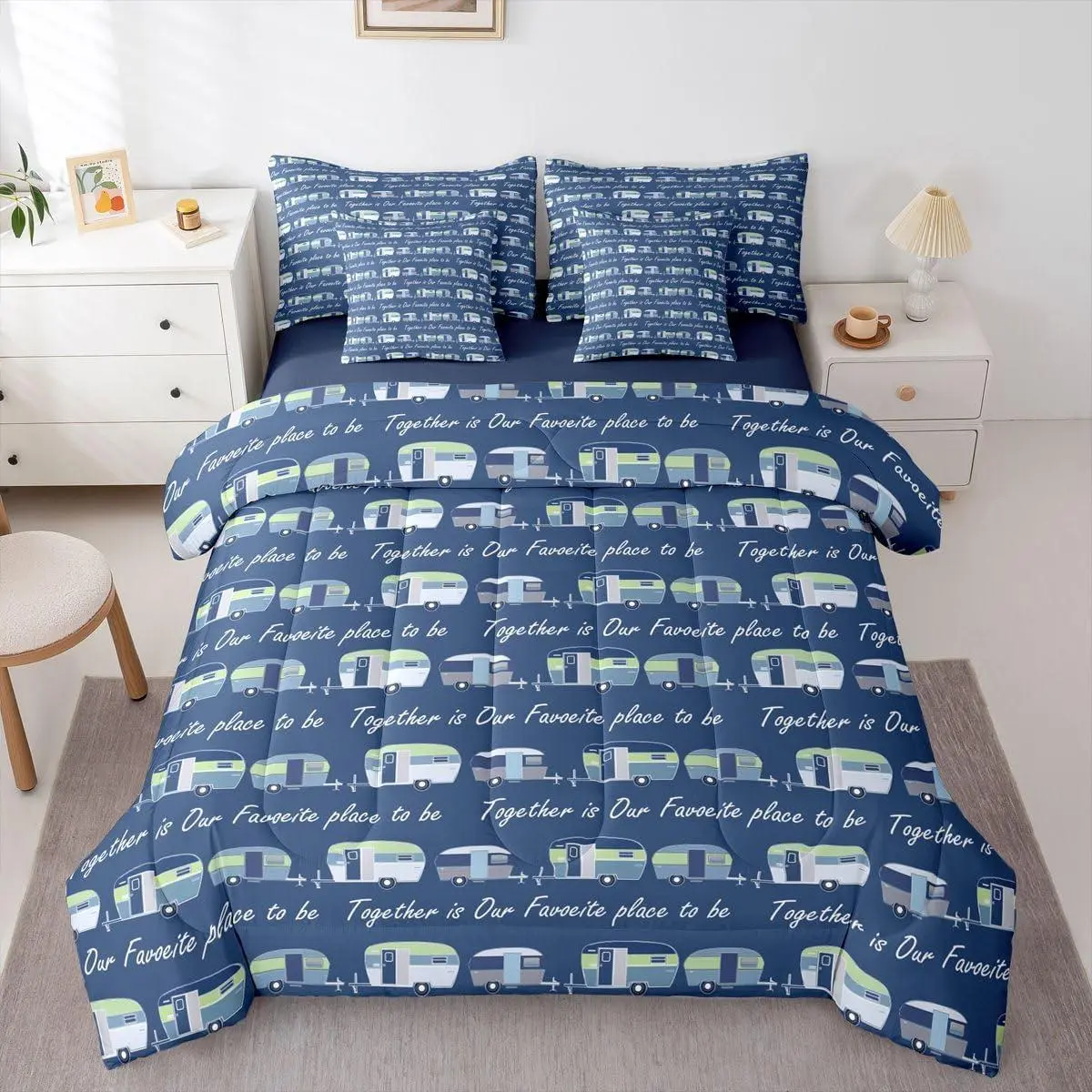 Camper Comforter Set with Sheets | Camp Travel Car 7-Piece Bedding Set Camping Themed Old Barn Door Sketch Drawing Bed in a Bag,Camper Decor Bed Sets。Green Blue Camping Decor Camper