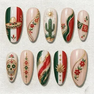 Soccer Press On Nails 3D Mexican Flag Football Fan Game Day Reusable