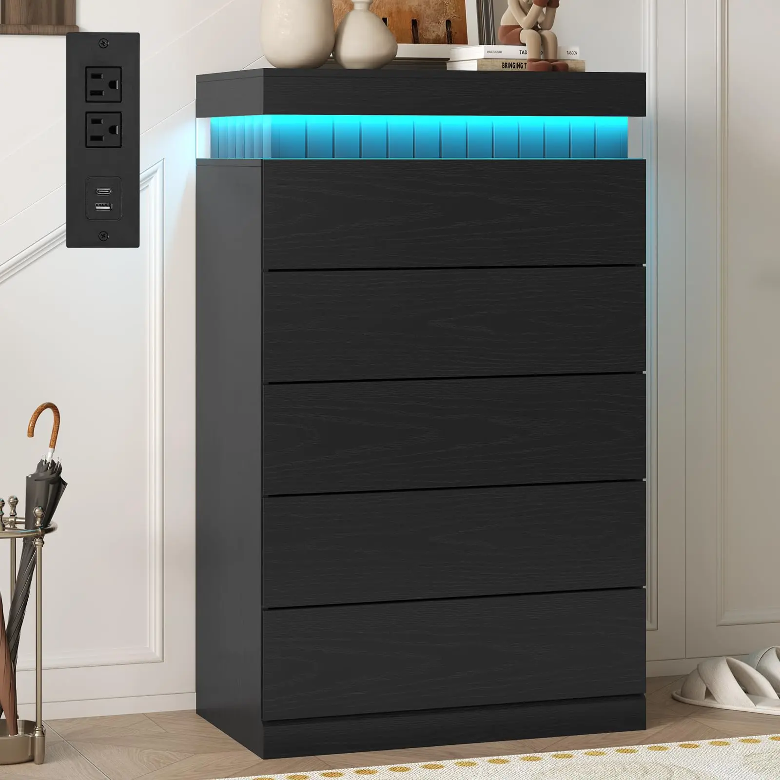 Tall 5 Dresser with LED Lights & Power Outlet, Modern Chest of Drawers with Sliding Top, Floating Dressers with Storagefor Bedroom, Living Room, Hallway, Space-Saving, Black