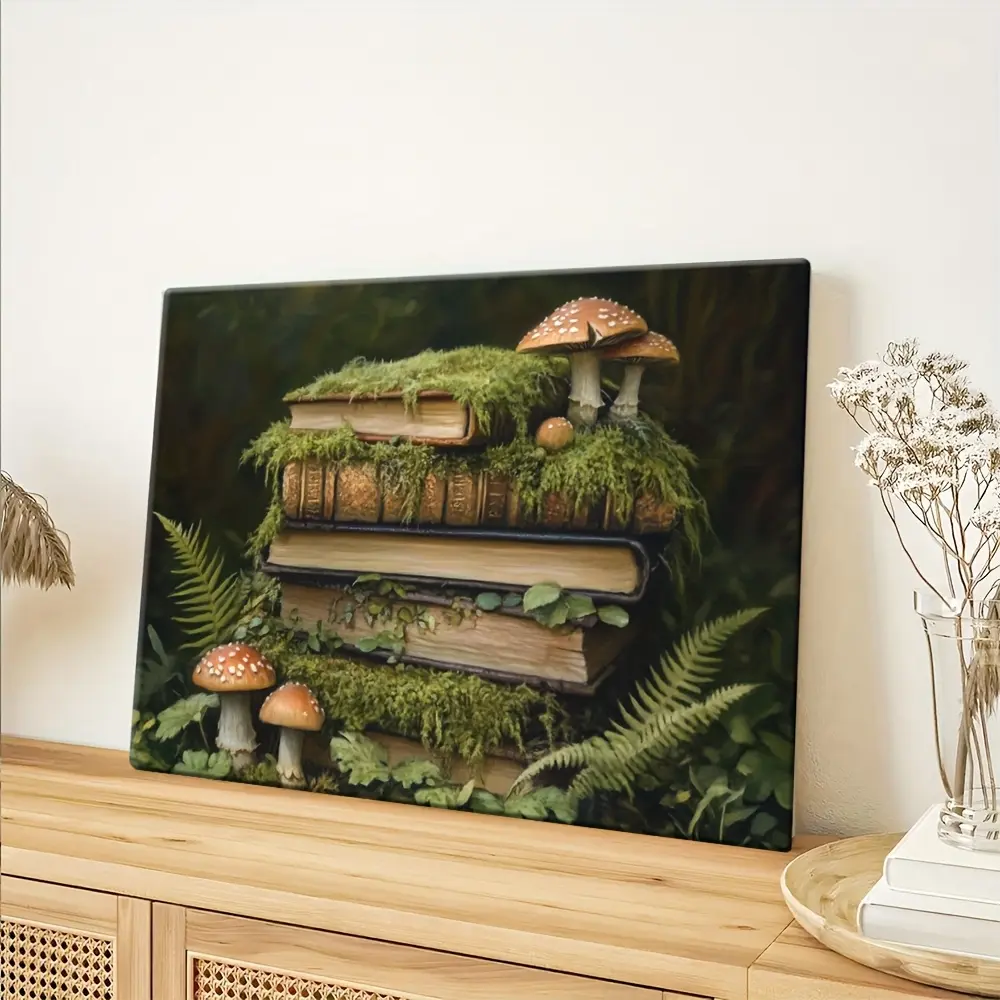 Vintage Old Books Moss & Mushroom Forest Canvas Wall Art, Dark Cottagecore Fern Botanical Print, Enchanted Forest Nature Frameless Canvas Poster, Witchy Goblincore Aesthetic Wall Decor, Whimsical Book Lover Home Art & Gift