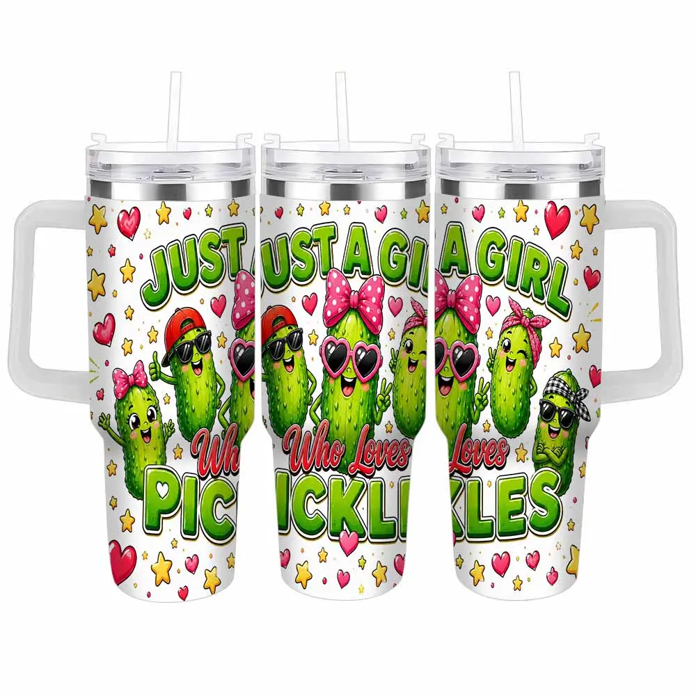 Pickle Lover Car Cup 40oz/30oz Just A Girl Who Loves Pickles Print with Cute Pickle Hearts Stars Bow Sunglasses Leakproof Insulated Tumbler for Road Trips Gym Office Gifts