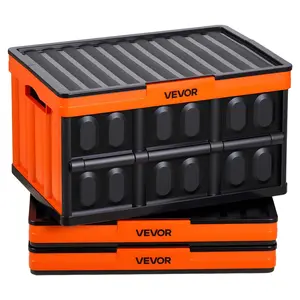 fathersdaygift VEVOR Plastic Collapsible Storage Bins with Lids, 45L 3Packs, Stackable Folding Storage Crates with Handles, Holds 44 lbs Per Bin, Heavy Duty Containers, Space-Saving Baskets, for Home Organizing