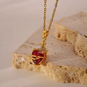 Zirconia Cross Necklace with Red Heart Charm – Daily & Party Jewelry