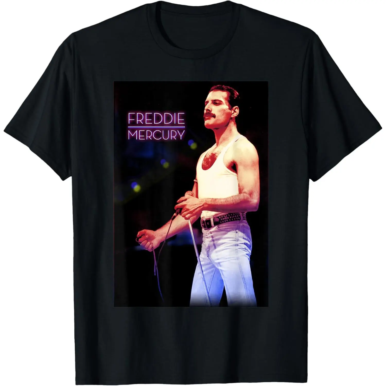 Men's Breathable Short-Sleeve Official Freddie Mercury Neon Mic T-Shirt - Soft Fabric Thermal Novelty Top for Birthday, Christmas Wear Cotton Graphic Menswear Fitted Graduation Graphic Tees Long Print School Stylish