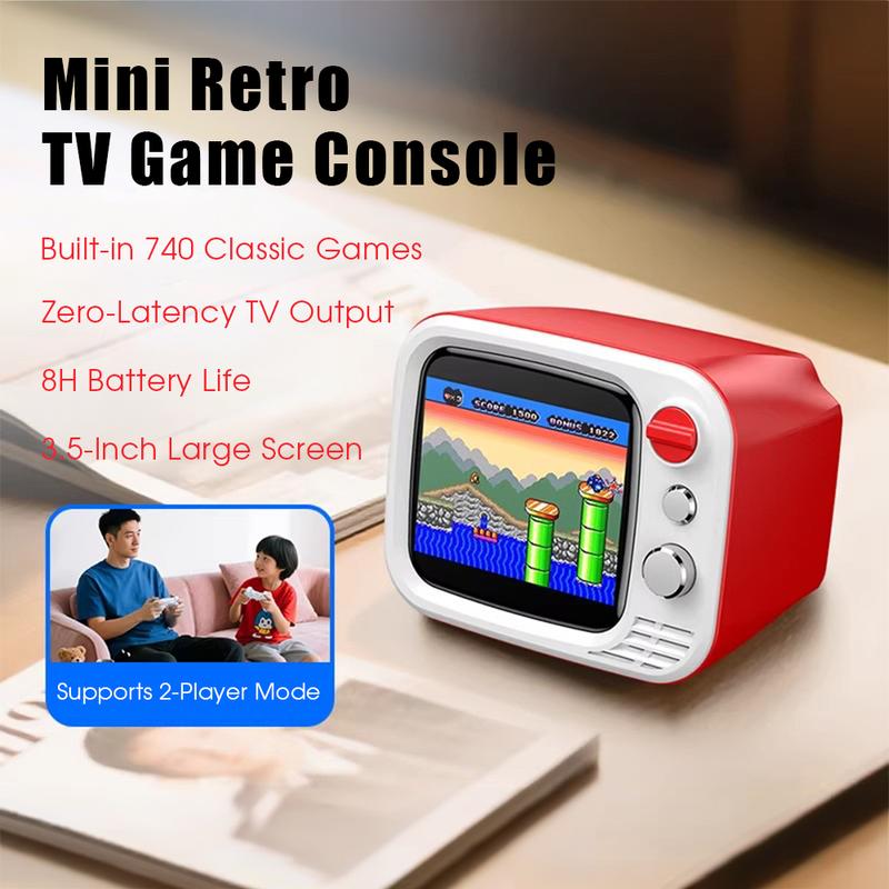 H7 Retro Game Console, 740 Classic Games, Mini TV Style with 3.5 Inch IPS Screen, Dual Wireless Controllers,​​ AV HDMI Output, for Holiday Birthday Gift