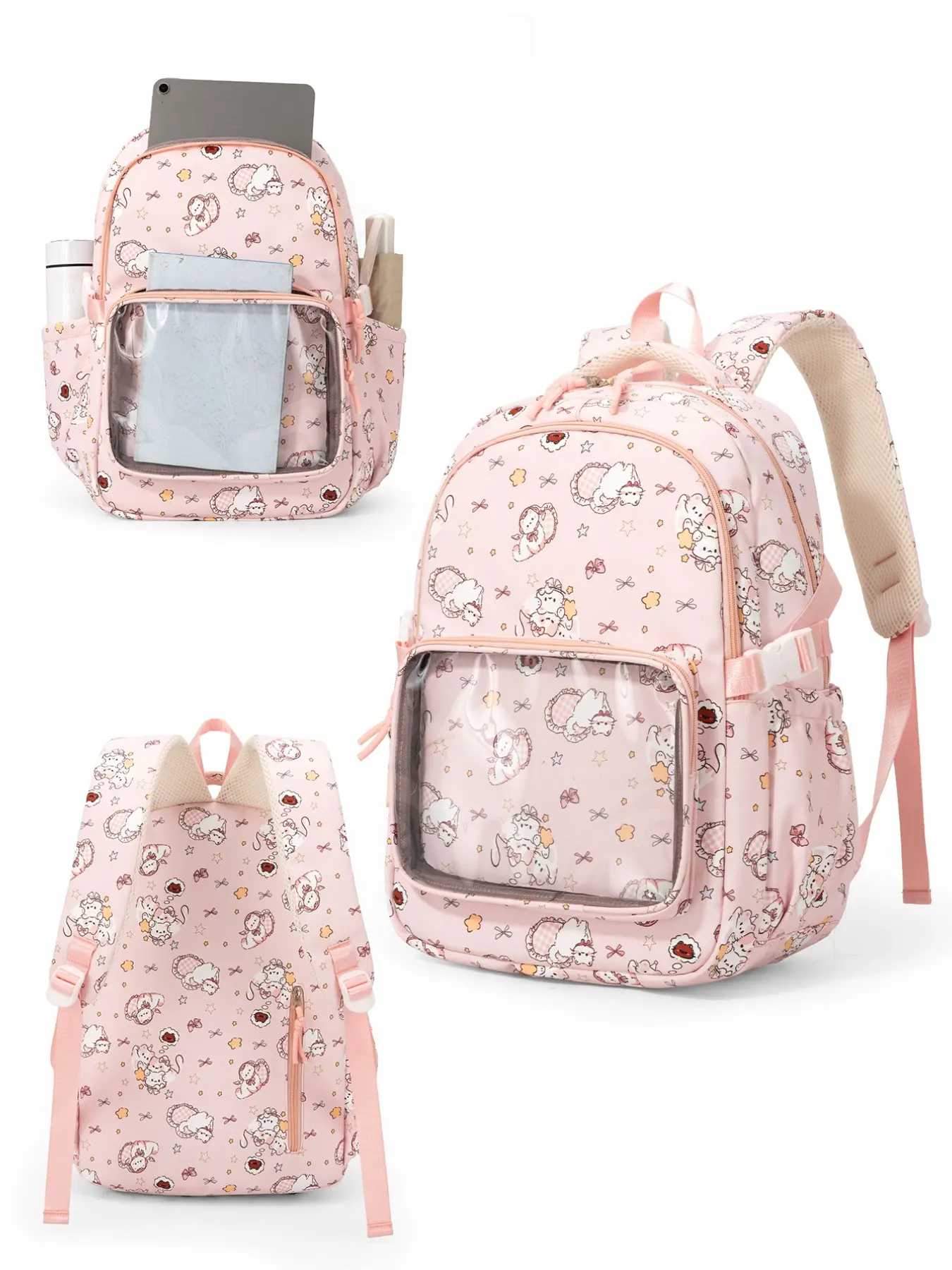 Kawaii Cartoon Print Backpack for Girls, My Melody Cute Travel Bag with Pockets, Casual Fabric Backpack for All Seasons, Anime Gifts, Back-to-school gifts