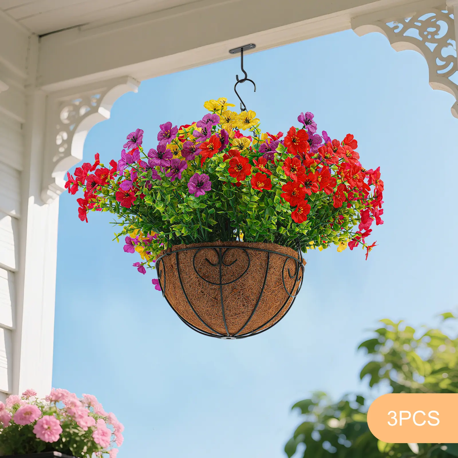 CNCEST 3-Piece Artificial Morning Glory Hanging Planters - 9.84in Round Planter Baskets, 36 Stems, 3 Foam Lifelike Cotton-Soft Blooms, Waterproof Mold-Resistant Plastic-Iron Build, 35cm/13.78in Single Flower Length, for Outdoor Porch & Indoor Garden Decor