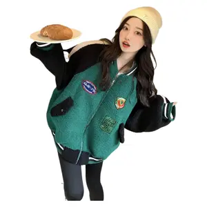 TRNDY LAB Women Baseball Jackets Oversized Streetwear Vintage Korean Style Y2k Autumn Female Zip Up Bomber Jacket Kpop Green Top 2026