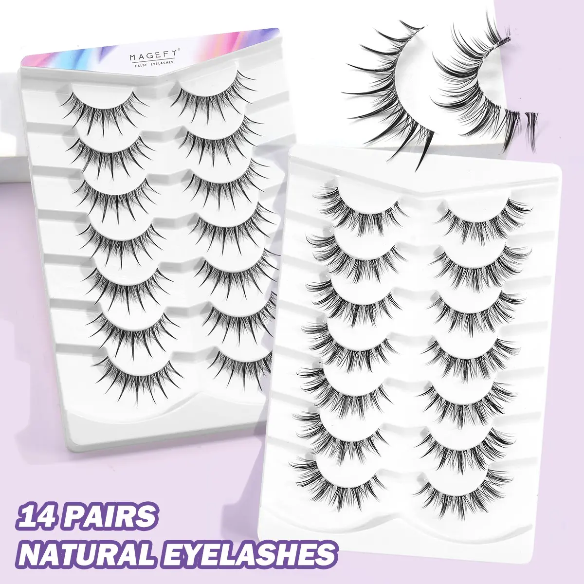 MAGEFY 14 Pairs Natural Manga False Eyelashes - D Curl Spiky Wispy Faux Mink Volume Lashes, Ultra-Thin Invisible Clear Band, Lightweight & Reusable, Natural Voluminous Look for Daily Nude Makeup, Anime Eye Makeup, Dating, Office & Cosplay