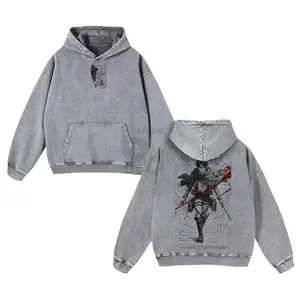 Levi Ackerman AOT Washed Hoodie | Oversize Unisex Double Printed Anime Graphic | Streetwear Merch Gift
