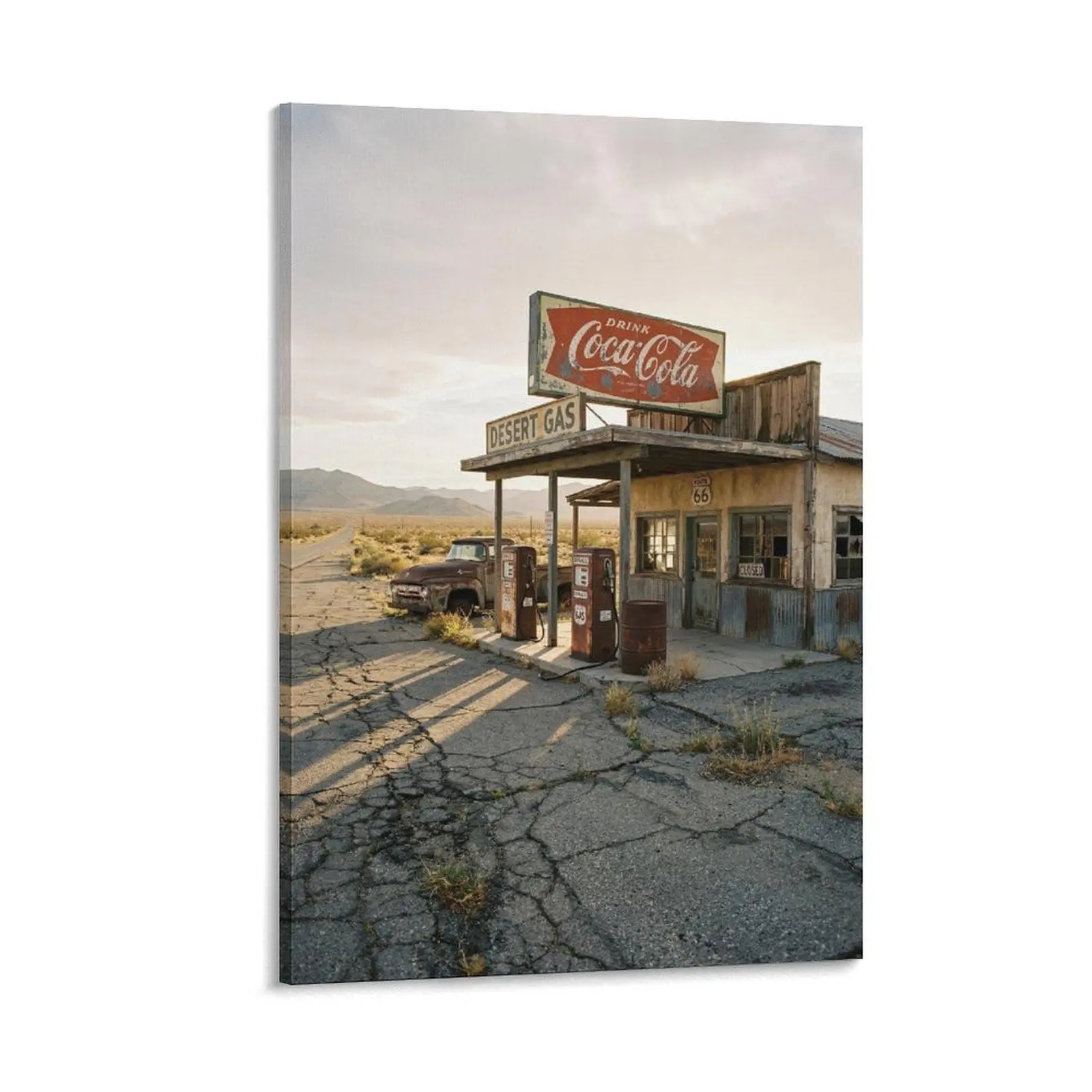 1pc Artistic Frameless Canvas Print, Vintage Route 66 Desert Gas Station-Coca-Cola Old Truck Scene, Warm Tones Retro Wall Decor for Home, Living Room