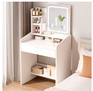 Vanity Desk Set with Square Mirror and Light- Small Vanity Table with Drawers- White