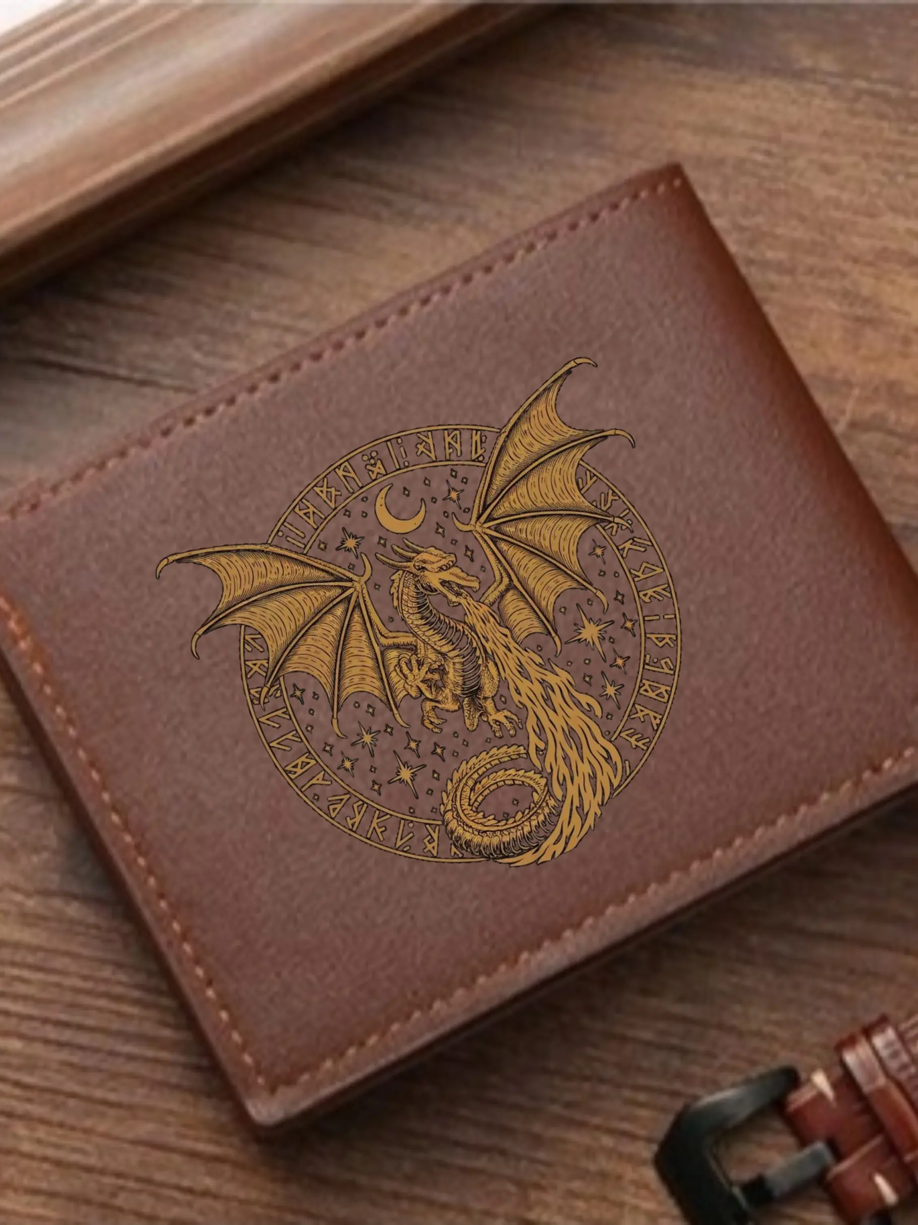 Men's Rune Dragon Leather Wallet, Nordic Gold Dragon Print, Mythical Fantasy Two-Fold Purse, PU Card Holder, Viking Style Design