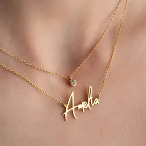 Customized Double Layer Name Necklace StianlessSteel Personalized 2 Layered Necklace with Shiny Birthstone Birthday Jewelry Gift