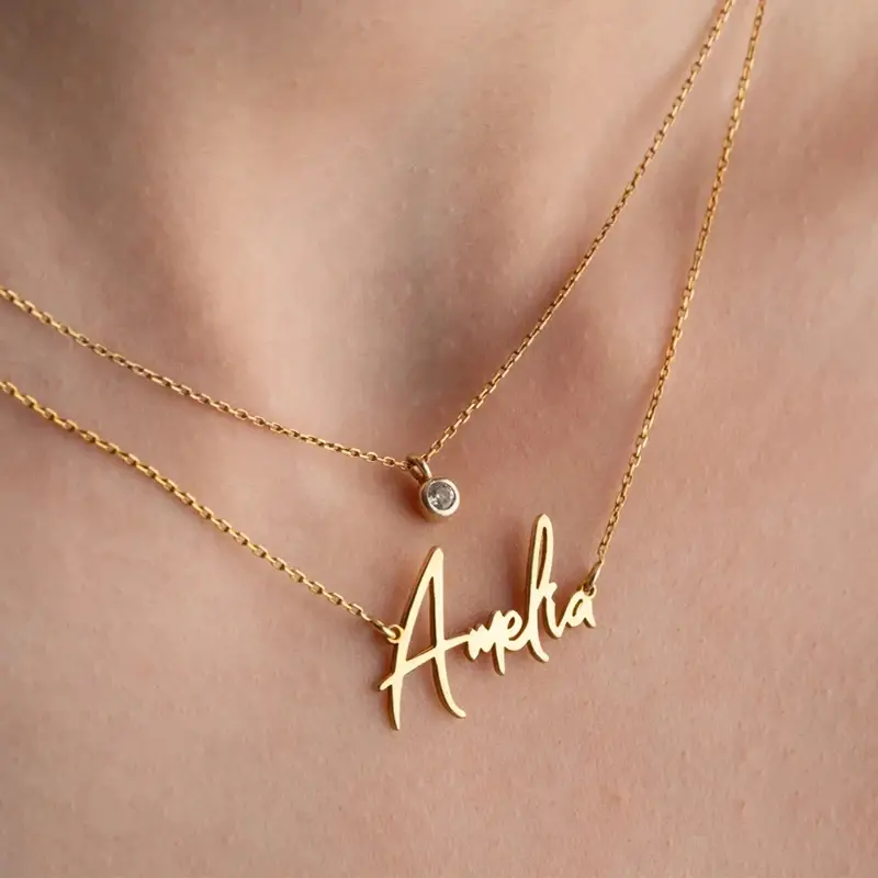 Customized Double Layer Name Necklace StianlessSteel Personalized 2 Layered Necklace with Shiny Birthstone Birthday Jewelry Gift