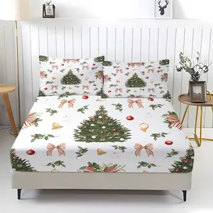 Christmas tree bow picture youth bedsheet, comfortable printed pattern, including 1 sheet and 2 pillowcases, comfortable bedding, anti slip dust cover suitable for adult Christmas bedroom and guest room decoration gifts