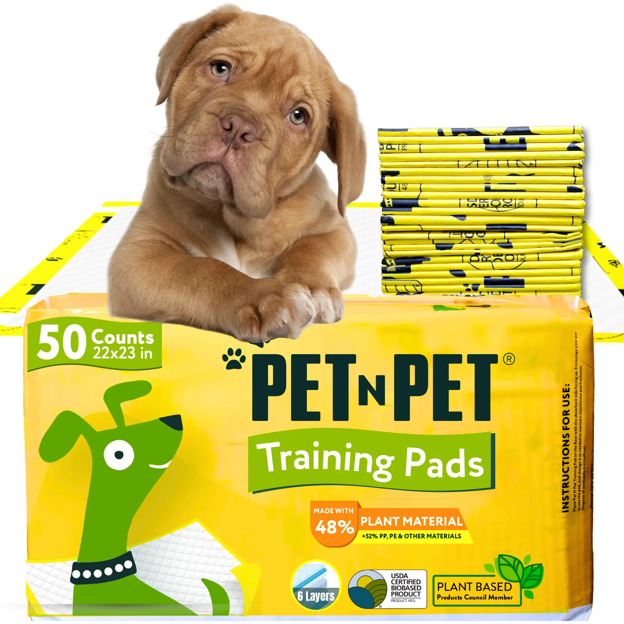 PET N PET Pee Pads for Dogs 50 Counts 48% Plant-Based Leak-Proof Absorbent Puppy Training Pads Small to Medium Breed Unscented 6-Layer Absorbency