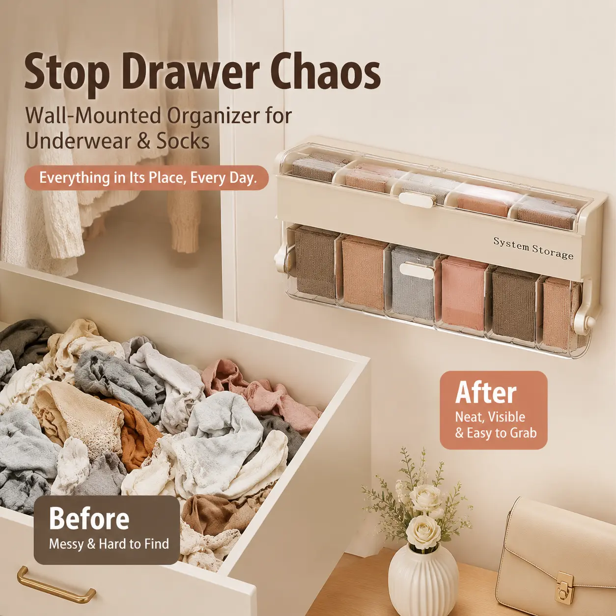 Underwear and Sock Organizer for Closet, Wall Mounted Storage Box with Clear Compartments, Bedroom Space Saver