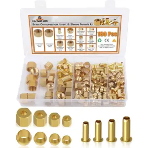 180PCS Compression Fittings Assortment kit - 4 sizes (1/4", 3/8", 5/16", 1/2") of Brass Compression Sleeve Ferrule, Insert and nuts - used to connect lines for air,water,fuel,oil and inert gases
