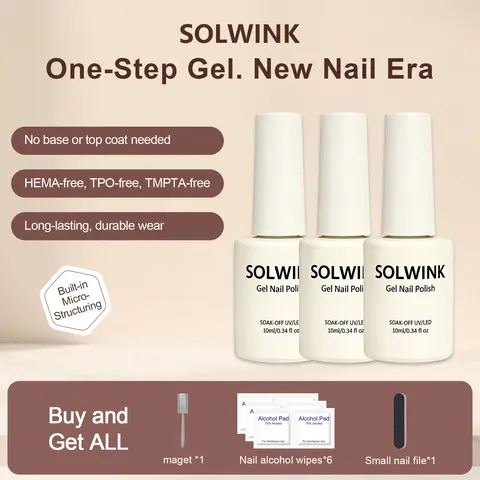 SOLWINK HEMA-TPO-Free 1-Step Full Shine Gel Nail Polish Kit - 9 Soak-Off UV-LED Gel Polishes with Shiny Coating, UV Initiator for Daily Manicure Nail Care Cosmetics
