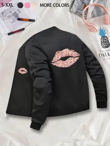 Rose Gold Lip Print Black Jacket Coat Classic Bomber Jacket, Sporty & Stylish Design, Ribbed Collar, Cuffs and Hem, Zipper Pocket Detail