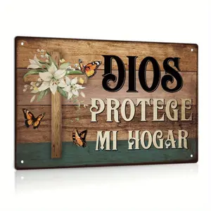 [2D Flat] Spanish Vintage Metal Tin Sign, "God Protects My Home" Wall Art, Iron Texture Butterfly Design, Rustic Country Home Decoration, Spiritual Decor