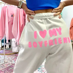 I Heart My Boyfriend Sweatpants, Unisex White Sweats with Pink Glitter and Cuffed Bottoms