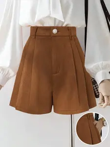 Elegant Vintage Suede Pleated A-Line Wide-Leg Fitted Shorts, Casual Fashion for Autumn and Winter, Versatile Daily Wear for Ladies