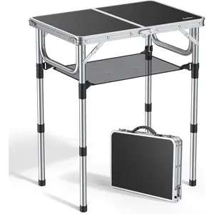Folding Camping Table,  24" x 16" Adjustable Height Small Folding Table with Carrying Handle, Lightweight, Portable Camping Table  for Outdoor Indoor Picnic Beach BBQ (Black)