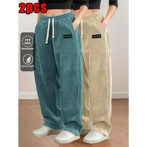 Women's 2 Pack Corduroy Wide Leg Pants, Lightweight Breathable Elastic Waist Drawstring Casual Trousers with Pockets