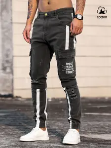 Men's Patchwork Cargo Ripped Denim Jeans with Flip Pockets, Street Casual Stylish Fashion, All-Season Wear, Comfortable Durable Design