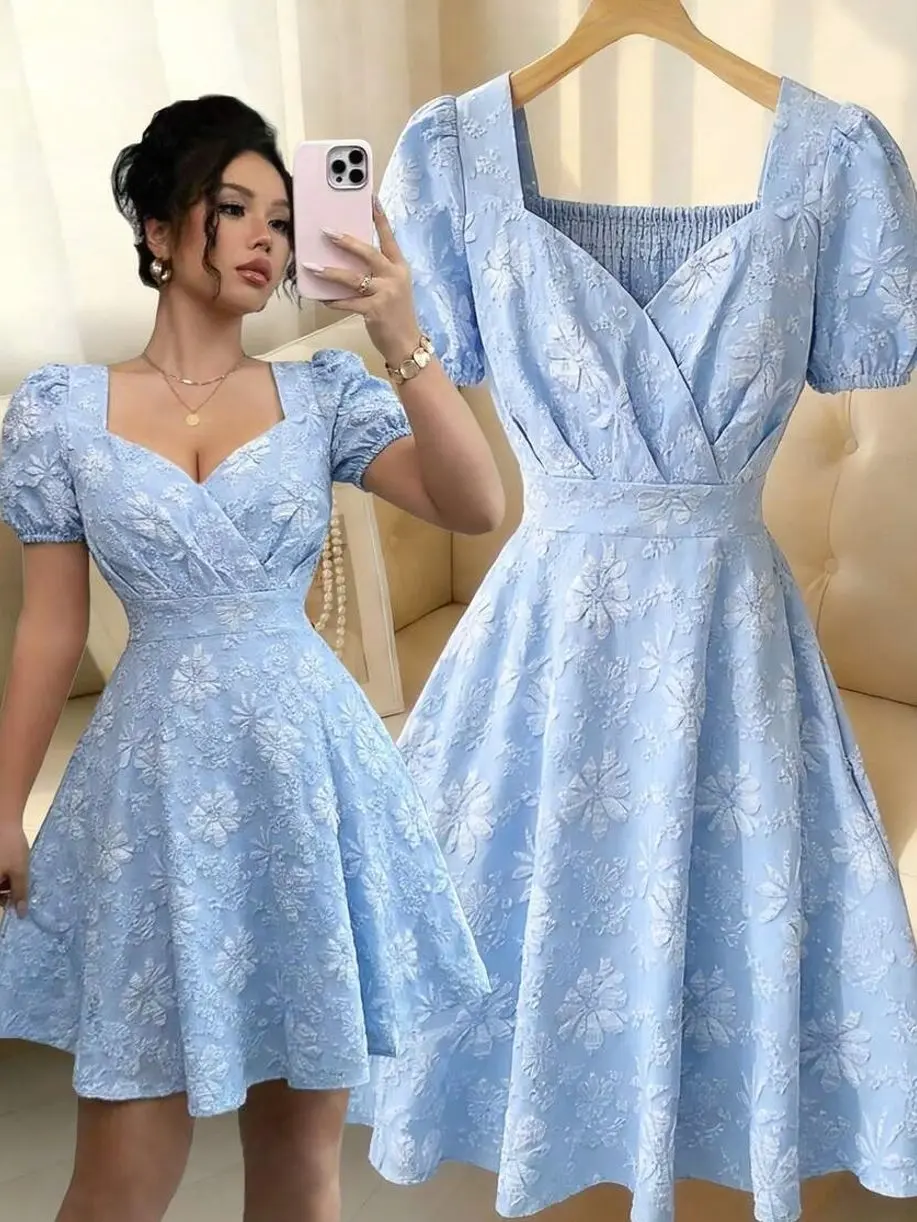 Floral Textured Puff Sleeve Mini Dress, Shirred Pleated Waist French Style Tea Dress