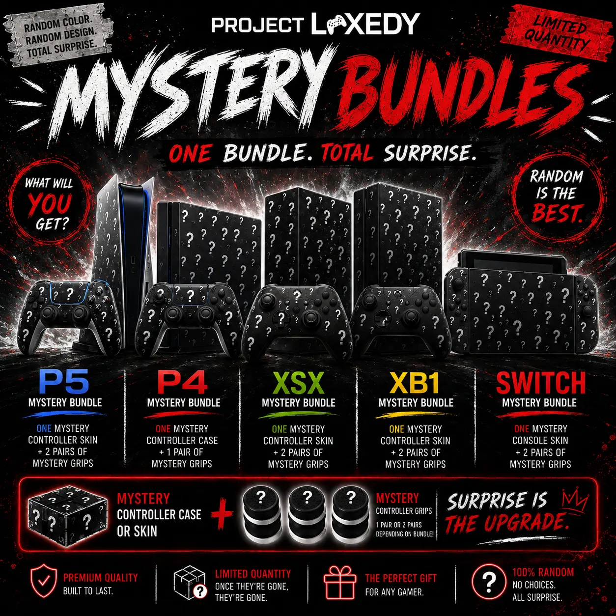 Mystery Controller Case & Thumb Grip Bundle | Protective Gaming Controller Cover, Analog Stick Grip Caps, Random Design