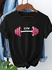 Women'S Pink Gym Fitness T-Shirt - "GYM" Graphic Print, Casual Round Neck Short Sleeve Top for Spring/Summer, Lightweight Polyester, White with Pink Dumbbell Design