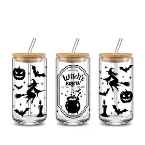 Gothic Halloween Witch Potion Design 16oz Glass Water Cup with Lid and Straw, Bamboo Lid Reusable Glass Drinking Cup, High-Quality Glass Jar Design, Suitable for Iced Coffee, Beer, Juice, Milk, Cold Drink Glass Cups, Fashionable Glassware