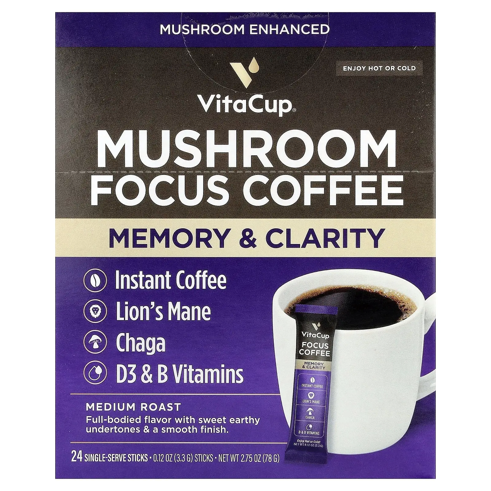 VitaCup Focus Instant Coffee, Medium Roast, 24 Single-Serve Sticks, 0.12 oz (3.3 g) Each