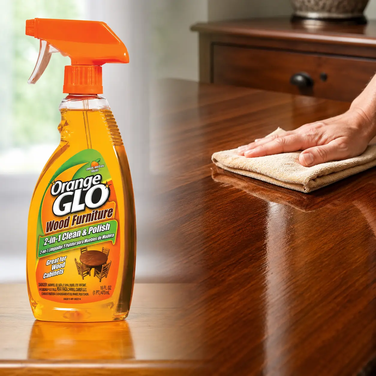 Orange 16 oz Wood Furniture 2-in-1 Clean Polish Spray,wood furniture polish spray,clean and polish,hide minor scratches,restore luster,remove dirt grease wax buildup,wood cleaner,stainless steel safe,ceramic tile safe,shine spray,tables,cabinets,shelf