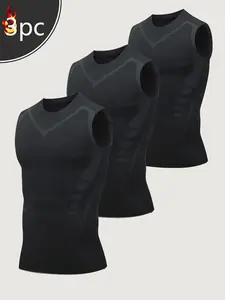 3 Pack Men's Compression Sleeveless Tank Tops, Quick Dry Athletic Muscle Shirts, Breathable Gym Workout Tops, Plus Size Bodybuilding