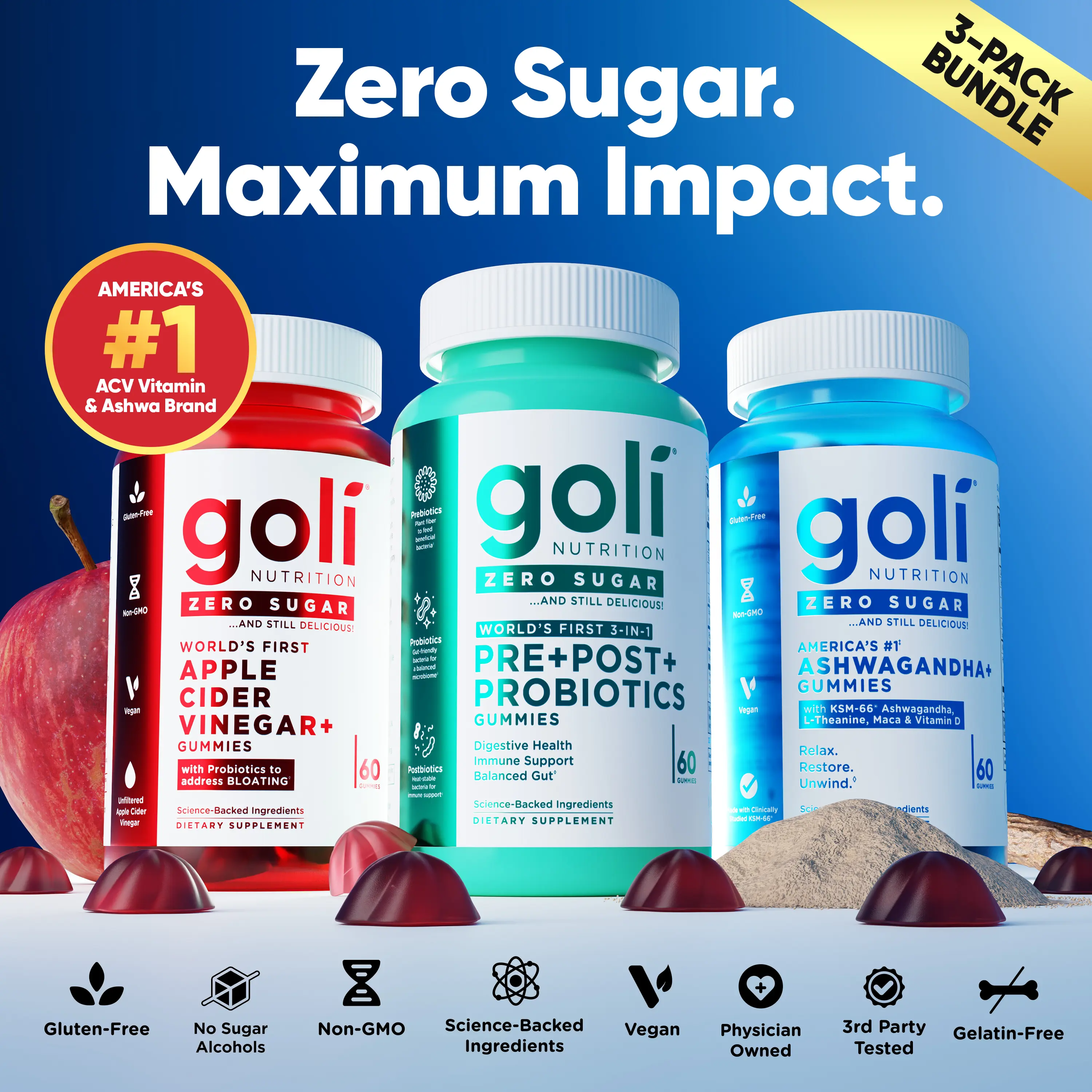 Goli Zero Sugar Best Seller Trio – Daily Gut & Wellness Support with Pre, Post & Probiotics, Apple Cider Vinegar, Ashwagandha & L-Theanine Gummies Goli Zero Sugar Best Seller Trio – Daily Gut & Wellness Support with Pre, Post & Probiotics, Apple Cider Vinegar, Ashwagandha & L-Theanine Gummies