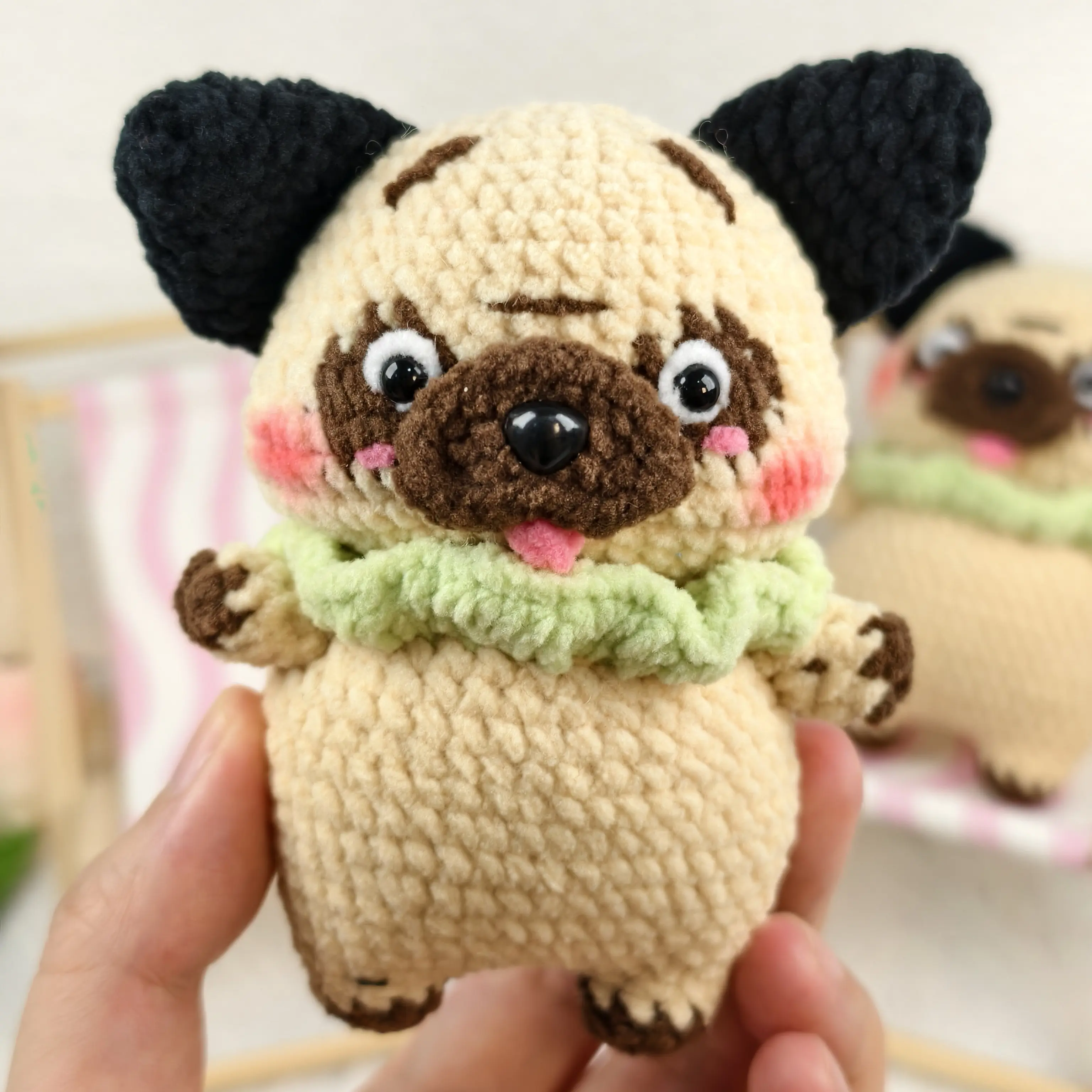 Handmade Amigurumi Crochet Pug with a Collar Plushie